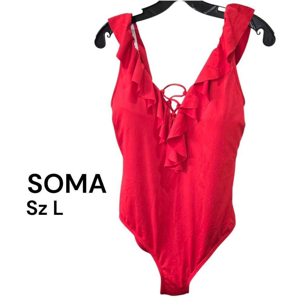 Soma Sz L Red Ruffle Trim One Piece Vacation Resortwear Classy Chic Swimsuit